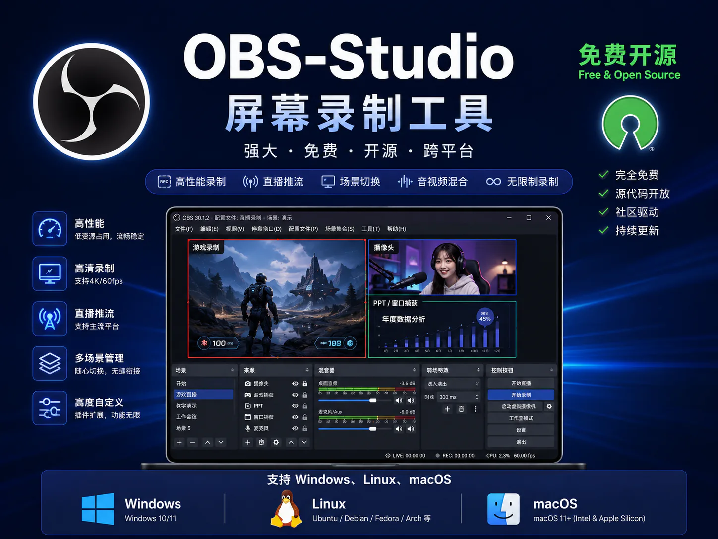 OBS Studio 录屏直播工具 v32.1.2-吉时已到
